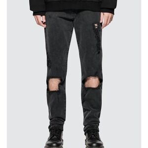 MISBHV Black Distressed Destroyed Ripped Denim Jeans‎ Mens Button Fly 34 Raw Hem